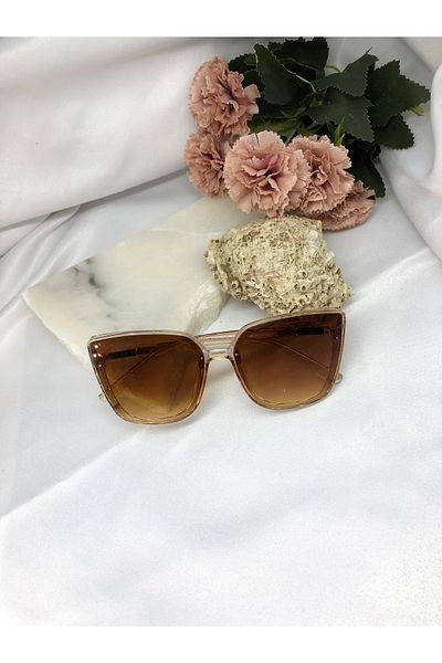 Di Caprio Erans Square Rectangular Transparent Light Brown Gold Detailed Women's Sunglasses