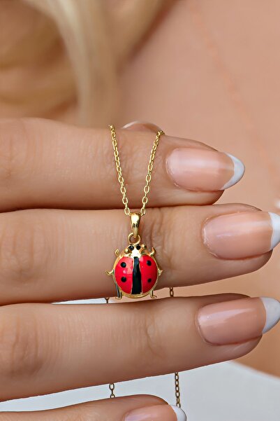 Nereze 925 Ayar Gümüş Gold Kırmızı Mineli Uğur Böceği Kolye