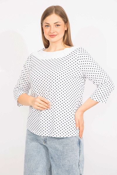 Şans Women's White Large Size Cotton Fabric Blouse with Ornamental Buckle on the Collar and Point Pattern 65n35561