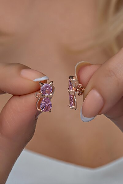 Nereze 925 Ayar Gümüş Rose Pembe Taşlı Kedi Küpe