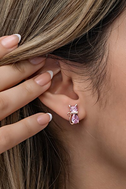 Nereze 925 Ayar Gümüş Rose Pembe Taşlı Kedi Küpe