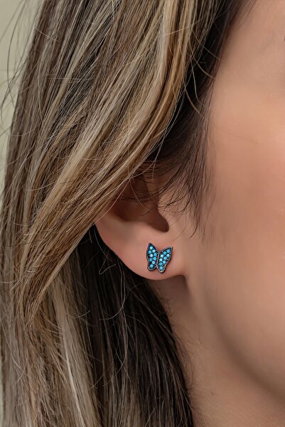 Nereze 925 Ayar Gümüş Rose Turkuaz Taşlı Kelebek Küpe