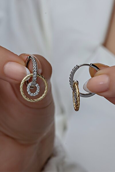 Nereze 925 Ayar Gümüş Çift Renk Halka Sallantılı Tamtur Küpe