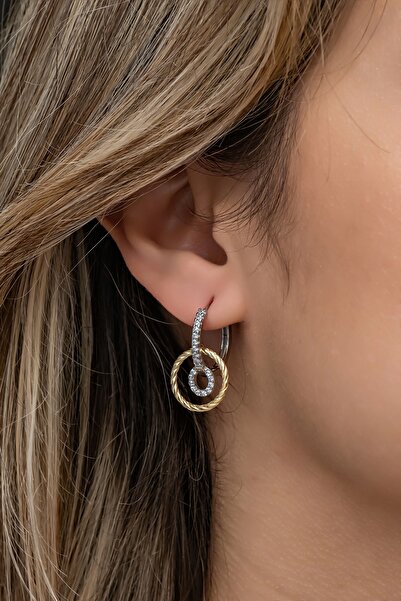 Nereze 925 Ayar Gümüş Çift Renk Halka Sallantılı Tamtur Küpe