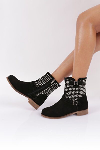 DGN Woman's blunt nose studded belt accessory boot black suede 32332182692847