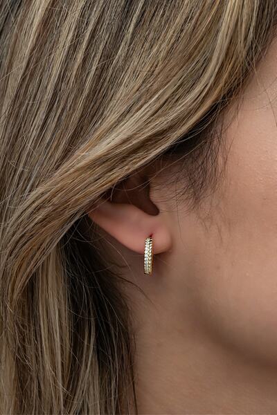 Nereze 925 Ayar Gümüş Gold Zirkon Taşlı Halka Küpe