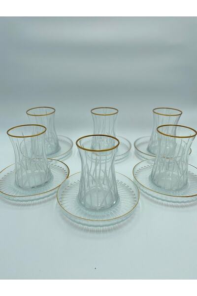 777Home Tabaklı Cam Ince Belli Çay Seti Bardak 6 Lı