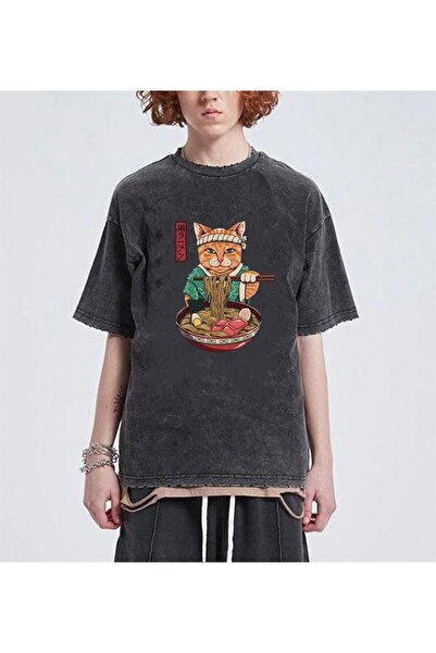 Touz تي شيرت هاراجو المغسول على شكل قطة الساموراي السباغيتي العتيق