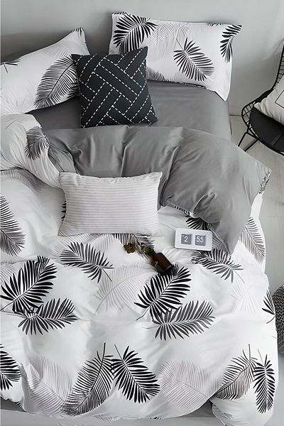 Always Double-Sided Double Duvet Cover Set with Elastic Sheet Leaf Gray