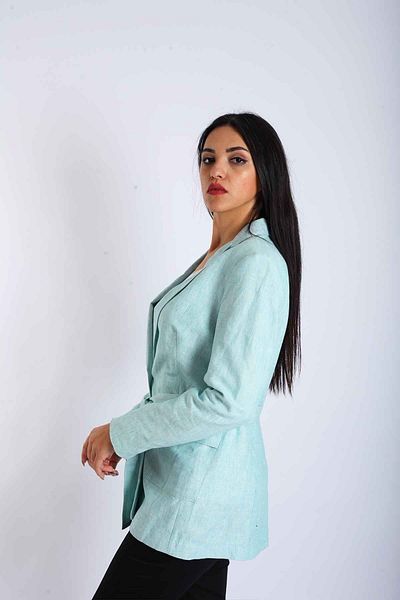 Blues Outlet Jachetă de in pentru femei cu centură în talie-verde apă