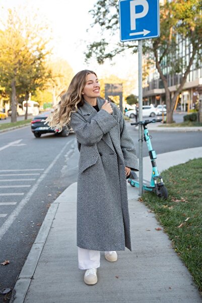 Sue Store Gray Black Herringbone Model Lined Oversize Wool Coat