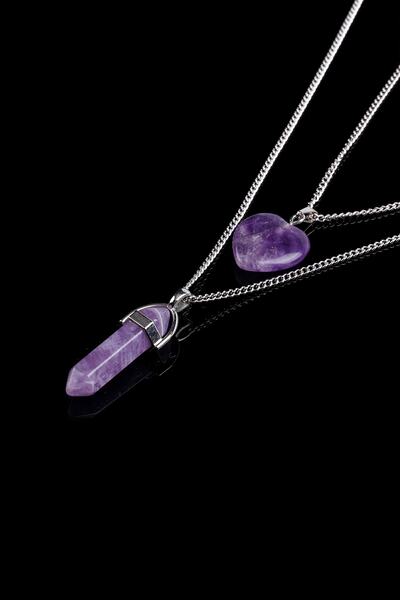 Taşmeran Ametist Doğal Taş Çivi-kalpli Çift Sevgili Kolyeleri Tky0284