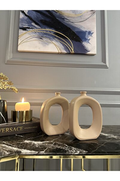 AstreHome Seramik Özgün Tasarım 2'li Vazo- Mocha