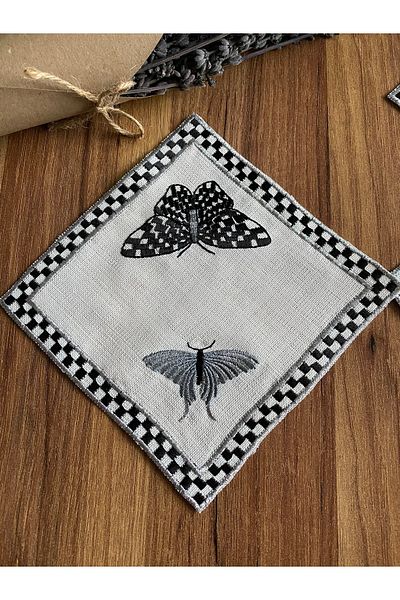 NURHAN HOME COLLECTION 6 Pieces Butterfly Patterned Silver Embroidered Cocktail Serving Napkin