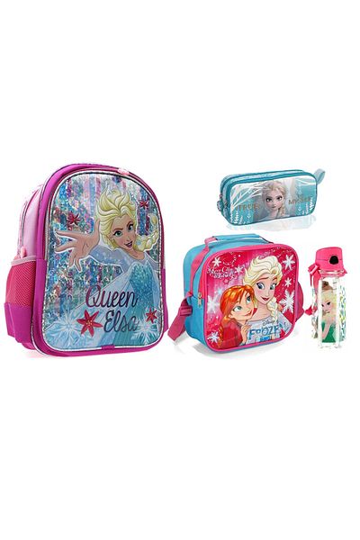 Frozen Elsa Licensed First School Bag + Lunch Box + Pencil Case + Water Bottle 4-Piece School Set