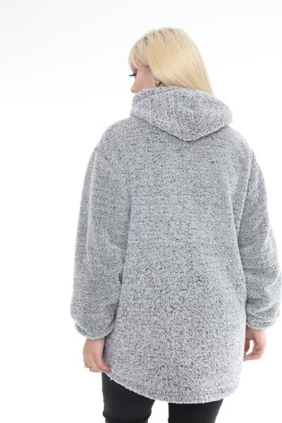 OLİMLEYA Gray Zippered and Hooded Large Size Wellsoft Plush Cardigan