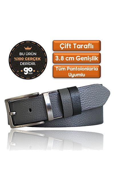 GoDeri Curea dublă din piele naturală lată de 4 cm - gri și negru