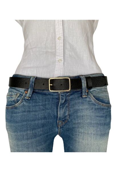 GoDeri %100 Hakiki Deri Gold Dikdörtgen Tokalı Siyah Baskılı Ince Kadın Kemeri, 3cm=3cm-kdn-05