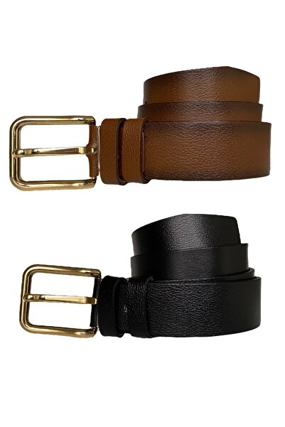 GoDeri %100 Hakiki Deri 2'li Set 4 Cm Tek Parça Kadın Kot Kemeri Siyah, Tosado=dikdörtgengolddüz