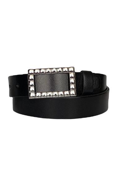 GoDeri 100% piele naturală, blugi negri de damă cu cataramă argintie, centură sport 4 cm=an-byn-60