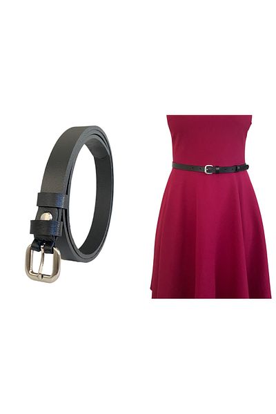 GoDeri Black Silver Square Buckle 100% Genuine Leather Women's Belt - Very Thin, 1.8 cm = very thin-01