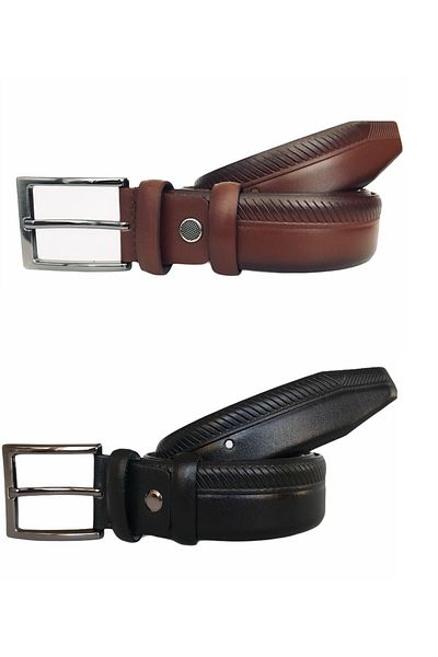 GoDeri Curea clasică din 2 piese cu model negru și maro din piele naturală - 3,5 cm