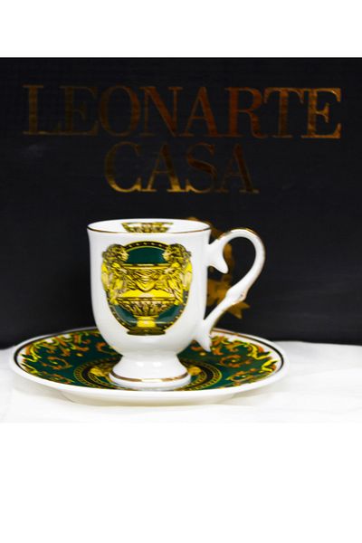 LEONARTE CASA Single Green Crown Pattern Coffee Cup and Saucer