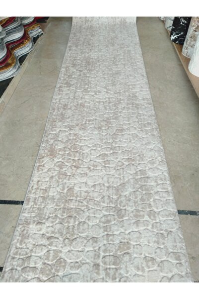 Dinarsu Saçaklı Desenli Krem Rölyef Pufy Post Halı Kaymaz Taban Yıkanabilir Y...