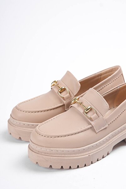 DİVOLYA Ferrera Nude Gold Tokalı Шкіряні Лофери Жіноче Взуття для Повсякденного Носіння