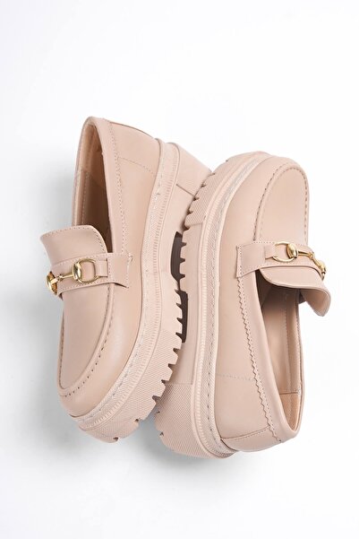 DİVOLYA Ferrera Nude Gold Tokalı Шкіряні Лофери Жіноче Взуття для Повсякденного Носіння