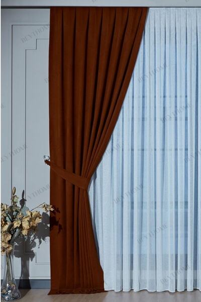 Beythome Kiremit Soft Kadife Fon Perde - Pileli Tek Kanat - X 2 Orta Pile