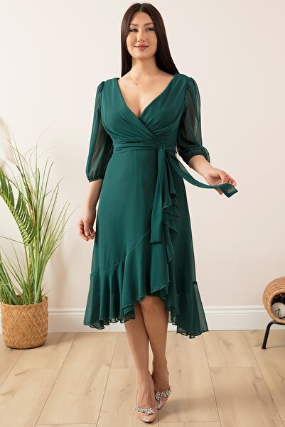 PULLIMM 13372 Kruvaze Yaka Fakir Kol Eteği Valonlu Elbise