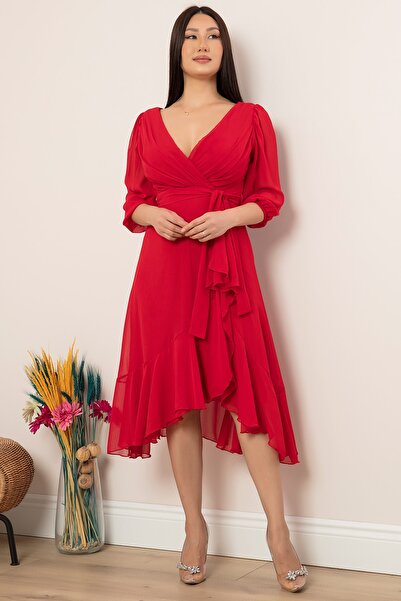 PULLIMM 13372 Kruvaze Yaka Fakir Kol Eteği Valonlu Elbise