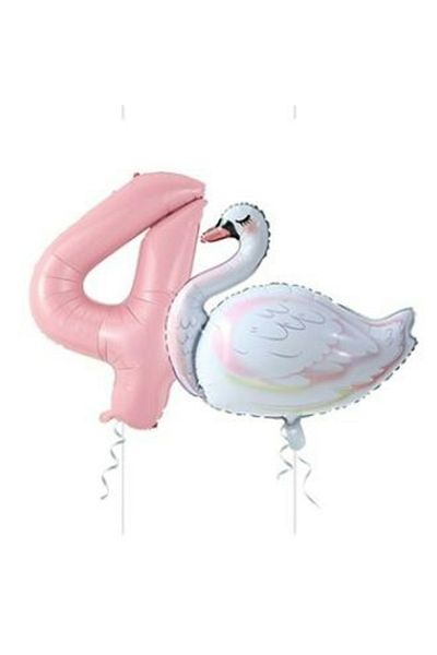 BEST PARTİ DOĞUM GÜNÜ PARTİ SÜSLERİ Swan Balloon Pink Number Foil Balloon Set Age 4