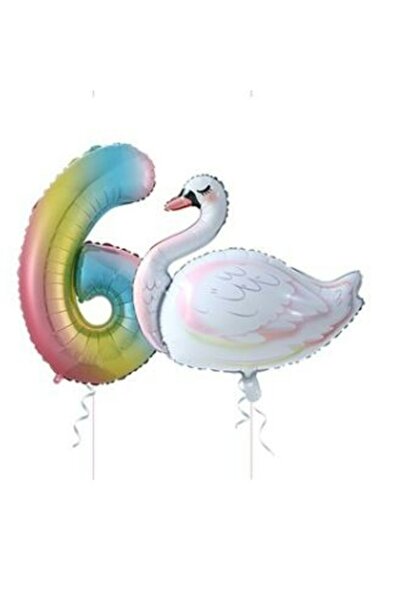 RÖNESANS PARTİ Swan Balloon Rainbow Number Foil Balloon Set Age 6
