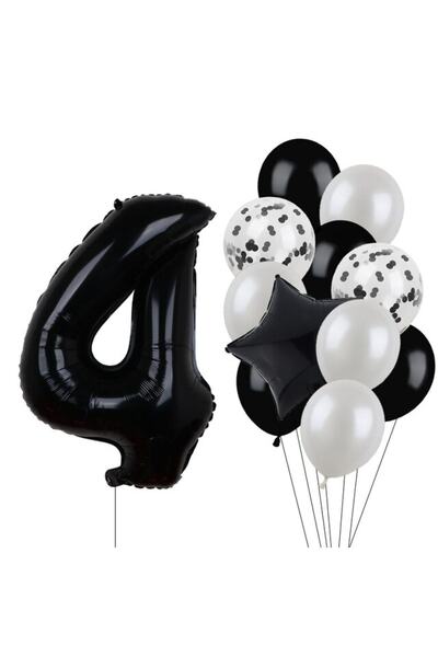 BEST PARTİ DOĞUM GÜNÜ PARTİ SÜSLERİ Siyah Rakam Folyo Ve Latex Balon Seti Yaş 4