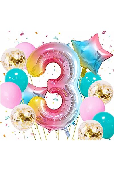 BEST PARTİ DOĞUM GÜNÜ PARTİ SÜSLERİ Rainbow Colorful Star Balloon Set Age 3