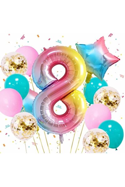BEST PARTİ DOĞUM GÜNÜ PARTİ SÜSLERİ Rainbow Colorful Star Balloon Set Age 8