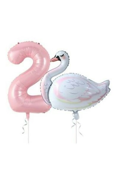 Generic Brand Rönesans Swan Balloon Pink Number Foil Balloon Set Age 2