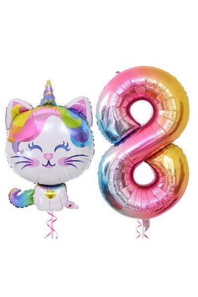 BEST PARTİ DOĞUM GÜNÜ PARTİ SÜSLERİ Unicorn Cat Balloon Rainbow Colorful Numb...