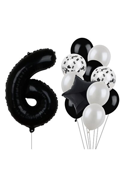 BEST PARTİ DOĞUM GÜNÜ PARTİ SÜSLERİ Siyah Rakam Folyo Ve Latex Balon Seti Yaş 6