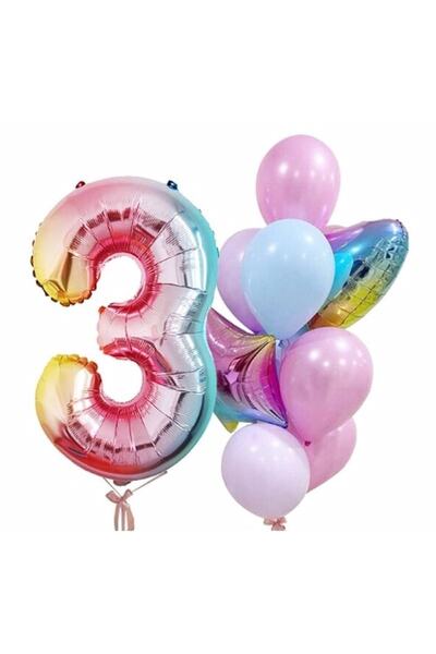 RÖNESANS PARTİ Star Rainbow Balloon Colorful Age Balloon Number Concept Age 3