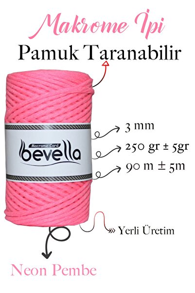 Bevella Macrame Cord Σχοινί Μακραμέ 3mm Ταρανέιμεντο Βαμβακερό Σχοινί Μακραμέ Μονότυλιγμα Νέον Ροζ