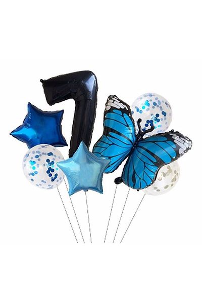 RÖNESANS PARTİ Blue Butterfly Balloon Set Star Balloon Foil Set Birthday Set Age 7