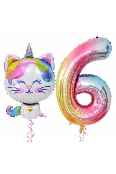 BEST PARTİ DOĞUM GÜNÜ PARTİ SÜSLERİ Unicorn Cat Balloon Rainbow Colorful Numb...