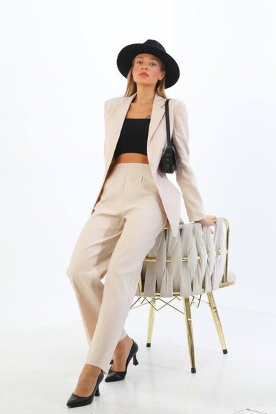 diaves original designs Cream Single Button Blazer Jacket Pocket Palazzo Pants Set