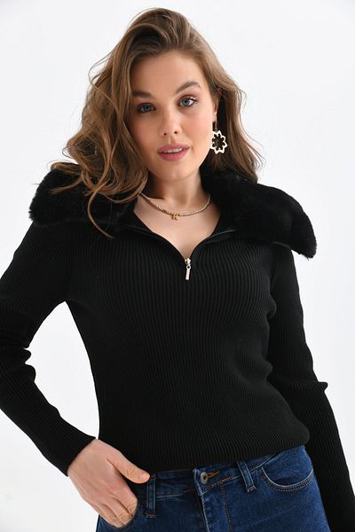 VOLT CLOTHİNG Pulover de damă negru tricotaj - guler de blană, cu fermoar Mw5727