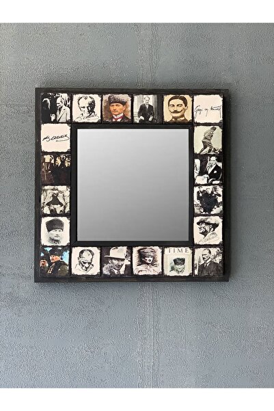 Oscar Stone Decor Ahşap Çerçeveli Mozaik Doğaltaş Ayna 33 cm X 33 cm Atatürk ...