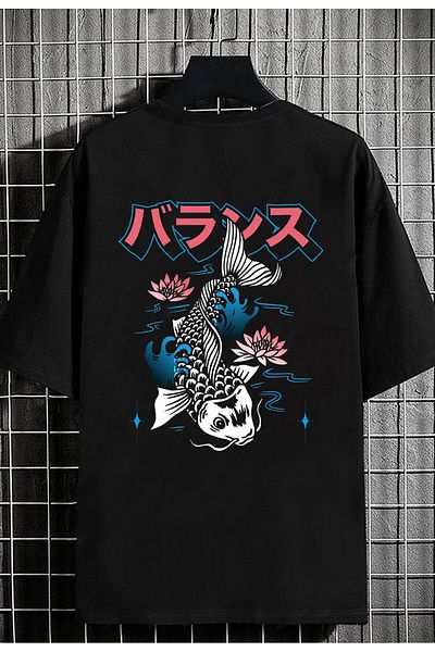 DEEPSENCE Unisex Μαύρο μπλουζάκι Oversize Koi Fish Back Printed