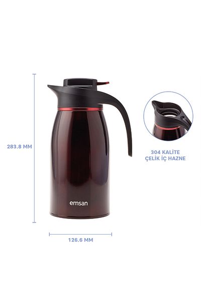 Emsan Gamma 12 Hours Burgundy Steel Thermos - Keeping Warm and Cold, 2 Liters